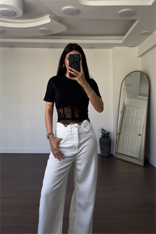 Dantel Detaylı Sırttan Bağlamalı T-Shirt-Siyah