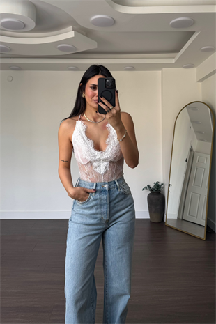 Dantel Sırtı Çarpraz Bodysuit-Beyaz