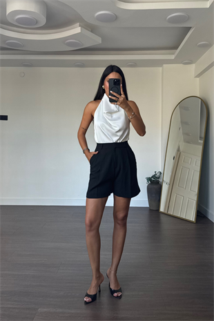 Degaje Yaka Saten Bluz-Beyaz