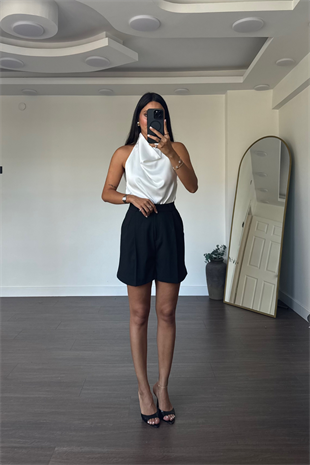 Degaje Yaka Saten Bluz-Beyaz