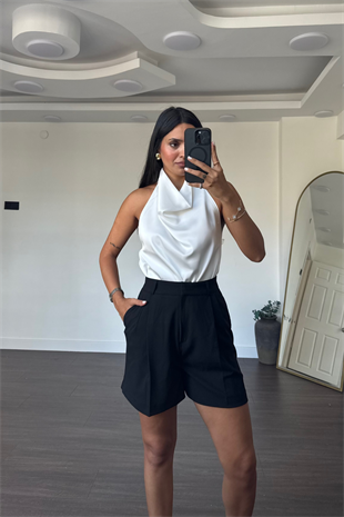 Degaje Yaka Saten Bluz-Beyaz
