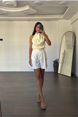 Degaje Yaka Saten Bluz-Sarı