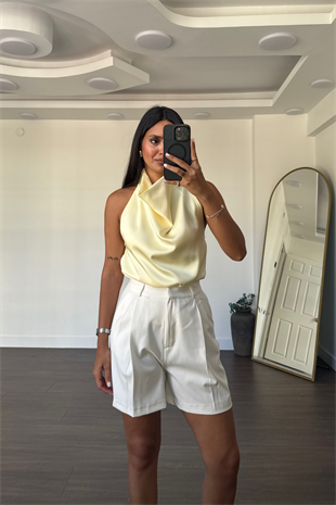 Degaje Yaka Saten Bluz-Sarı