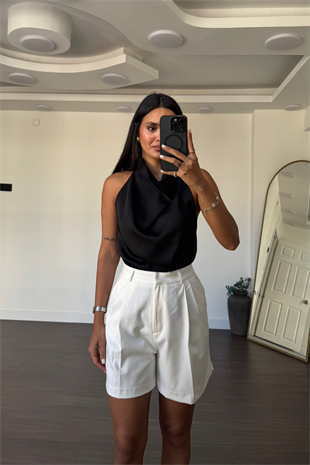 Degaje Yaka Saten Bluz-Siyah