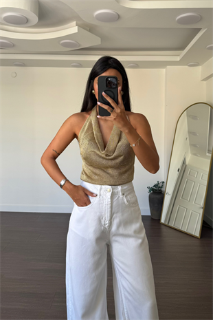 Degaje Yaka Simli Bluz-Gold