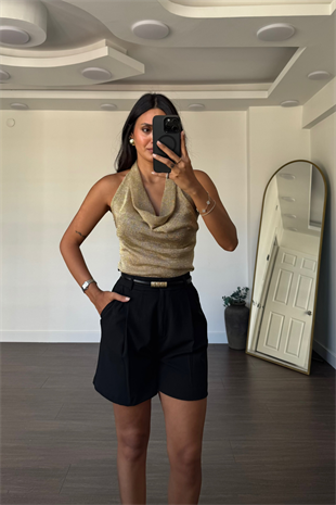 Degaje Yaka Simli Bluz-Gold