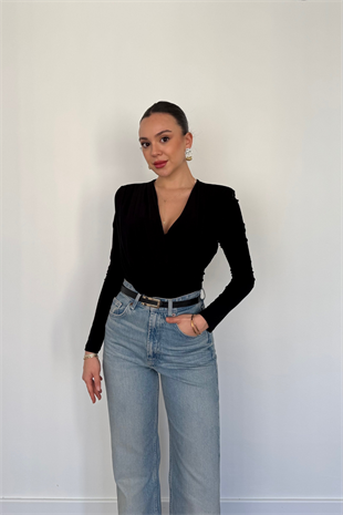Degaje Yaka Vatkalı Bluz-Siyah