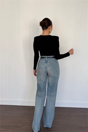 Degaje Yaka Vatkalı Bluz-Siyah