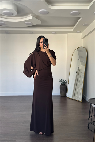 Dekolte Kol Elbise-Kahve