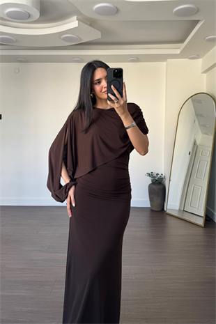 Dekolte Kol Elbise-Kahve