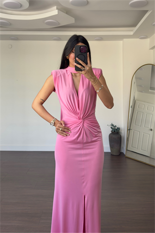 Dekolteli Bağlamalı Yaka Elbise-Pembe