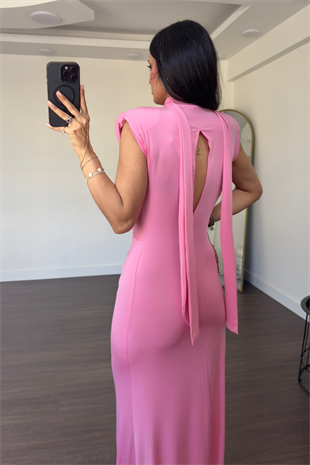 Dekolteli Bağlamalı Yaka Elbise-Pembe