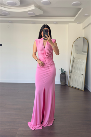 Dekolteli Bağlamalı Yaka Elbise-Pembe