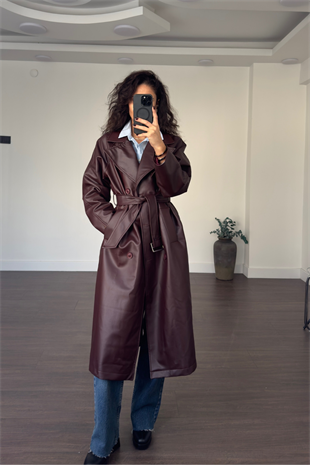 Deri Kuşaklı Trençkot-Bordo