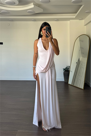 Derin V Yaka Kolsuz Elbise-Pembe