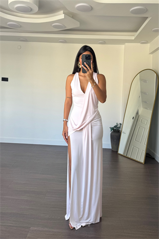 Derin V Yaka Kolsuz Elbise-Pembe