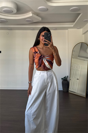 Desenli Crop Top-Kahve