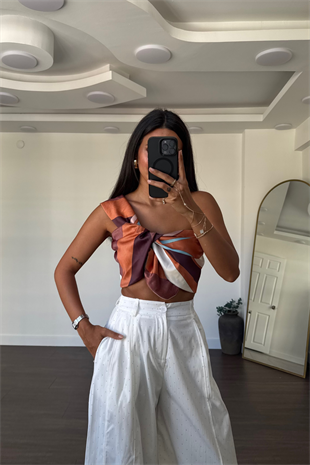 Desenli Crop Top-Kahve