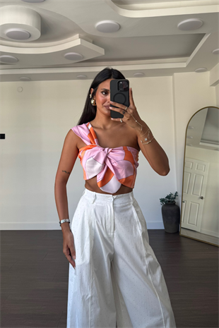 Desenli Crop Top-Pembe