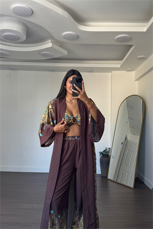 Desenli Kimono Üçlü Takım-Kahve