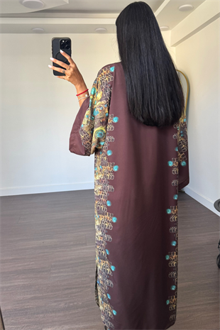 Desenli Kimono Üçlü Takım-Kahve