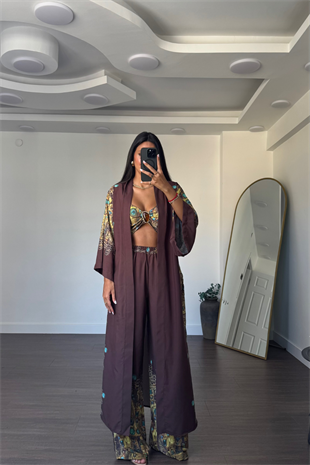 Desenli Kimono Üçlü Takım-Kahve