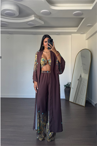 Desenli Kimono Üçlü Takım-Kahve