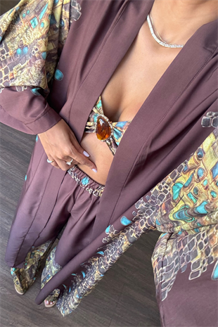 Desenli Kimono Üçlü Takım-Kahve