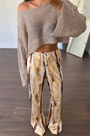 Desenli Saten Pantolon-Bej