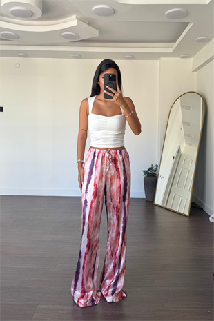 Desenli Saten Pantolon-Pembe