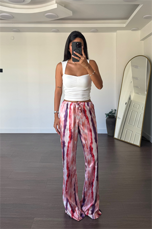 Desenli Saten Pantolon-Pembe