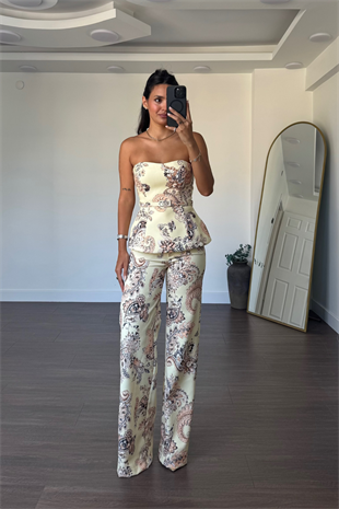 Desenli Straplez Kemerli Bluz Pantolon Takım-Sarı