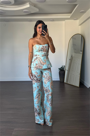 Desenli Straplez Kemerli Bluz Pantolon Takım-Mavi