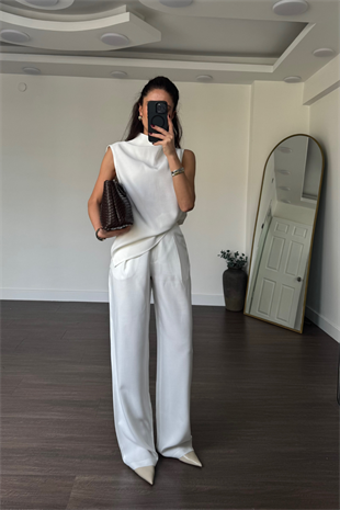 Dik Yaka Bluz Palazzo Pantolon Takım-Beyaz