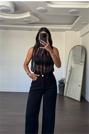 Dik Yaka Şerit Detaylı Transparan Bluz-Siyah