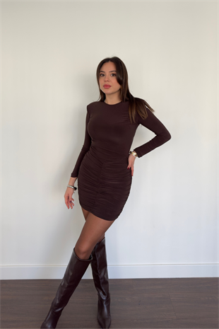 Drape Detay Mini Elbise-Kahve