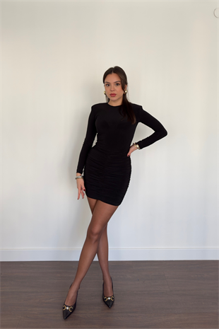 Drape Detay Mini Elbise-Siyah