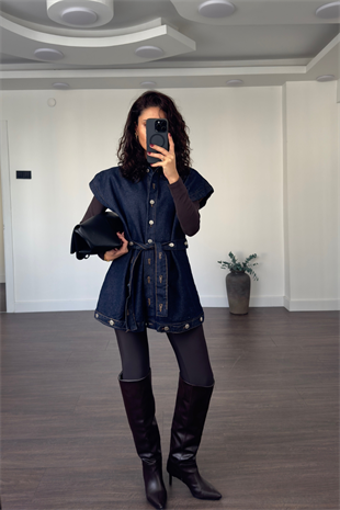 Düğme Detaylı Denim Yelek-Lacivert