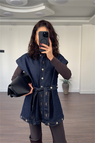Düğme Detaylı Denim Yelek-Lacivert