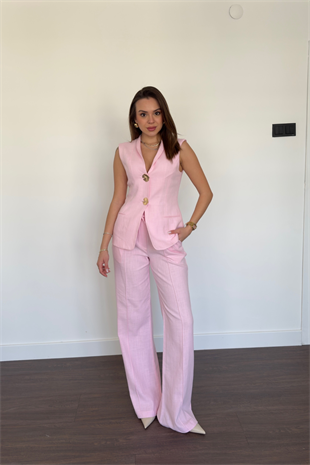 Düğme Detaylı Yelek Pantolon Takım-Pembe