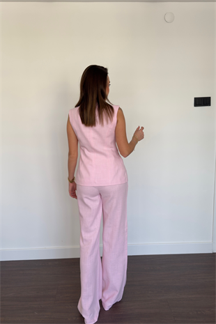 Düğme Detaylı Yelek Pantolon Takım-Pembe