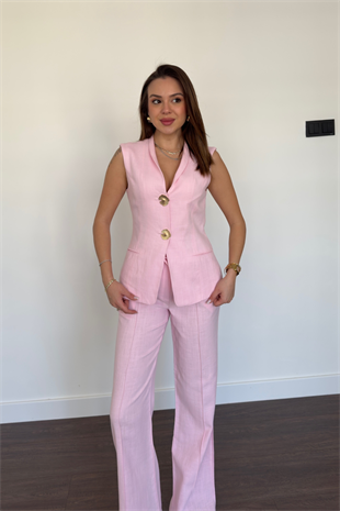 Düğme Detaylı Yelek Pantolon Takım-Pembe