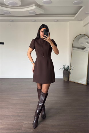 Düğmeli Lale Kol Elbise-Kahve