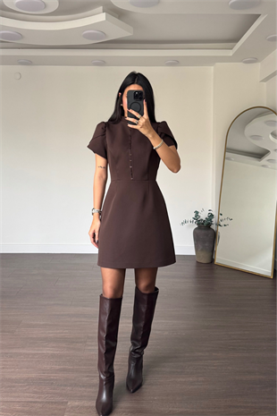 Düğmeli Lale Kol Elbise-Kahve
