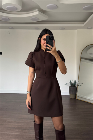 Düğmeli Lale Kol Elbise-Kahve
