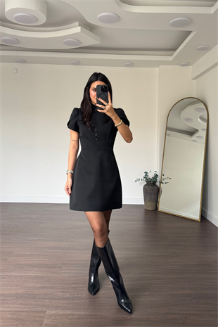 Düğmeli Lale Kol Elbise-Siyah
