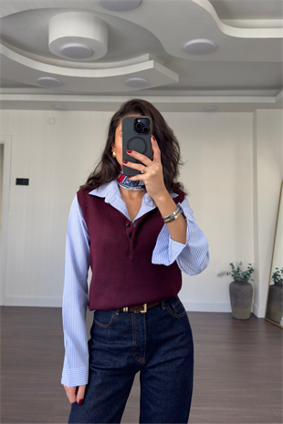 Düğmeli Polo Yaka Triko Süveter-Bordo