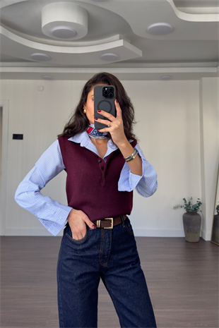 Düğmeli Polo Yaka Triko Süveter-Bordo