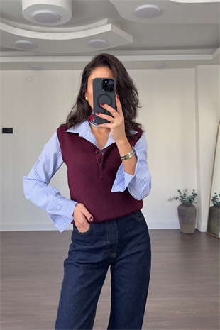 Düğmeli Polo Yaka Triko Süveter-Bordo