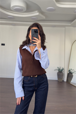 Düğmeli Polo Yaka Triko Süveter-Kahve